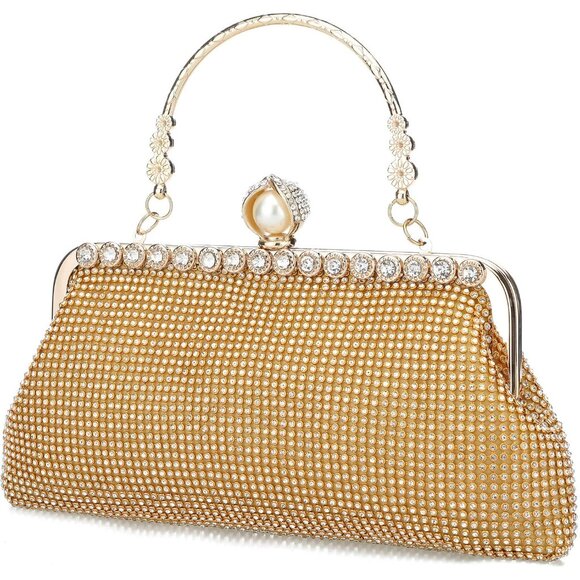⚡ Women's Evening Rhinestones Envelope Style Chain Strap Gold Clutch Handbag - Picture 3 of 7